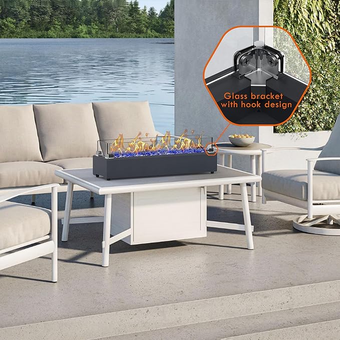 28-inch Table Top Propane Fire Pit, 40,000 BTU Tabletop Firepit for Patio, Outdoor Portable Rectangular Fire Bowl w/Wind Glass Shield, Glass Rocks - Carbon Gray