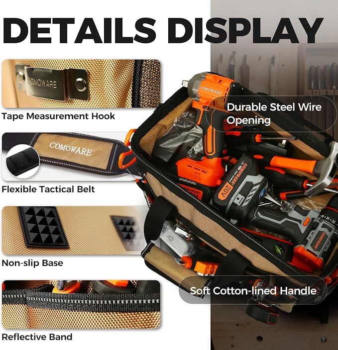 COMOWARE 19-Pocket Tool Bag, Gift for Dad, 16“ Heavy Duty Tool Organizer with Adjustable 51.2" Shoulder Strap, 1680D Oxford Fabric & PVC Coating, Reflective Strips, Tactical Loops, Mechanics