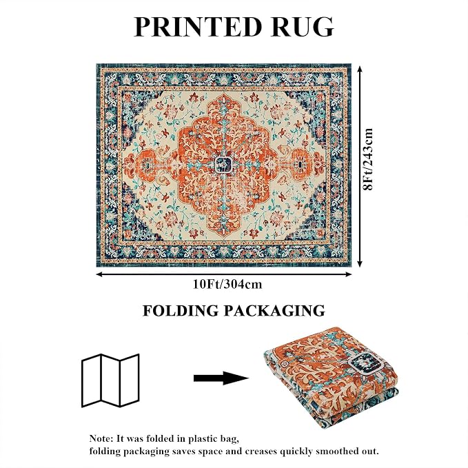 U'Artlines Boho Vintage Area Rug 8x10 Machine Washable Carpet,Orange/Multi | Low Pile, Non Slip, Ultra-Thin Soft Floor Carpet, Accent Rug for Living Room Bedroom Entryway Dining Room Office