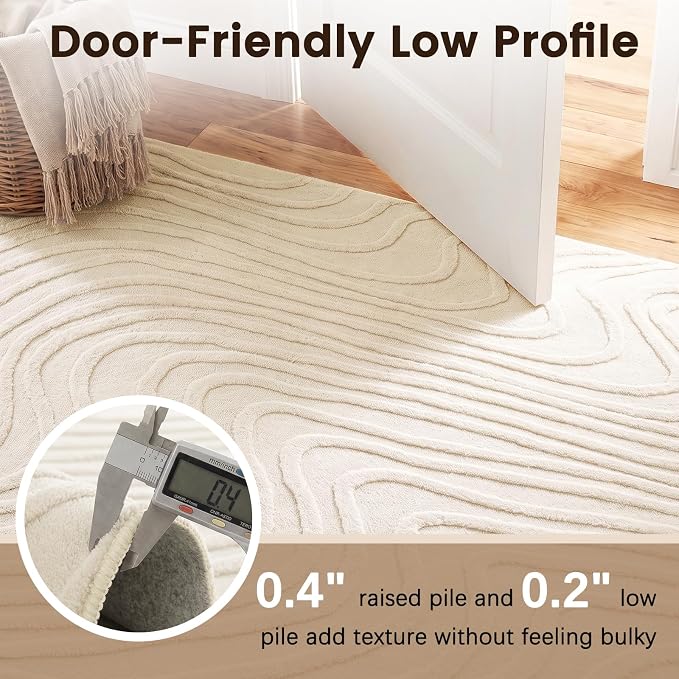 Etwel 6.5 ft Beige Modern Wavy Textured High-Low Pile Washable Round Rug | Soft Carpet, Non-Slip PVC Backing, Low Profile, Kid and Pet Friendly, for Living Room, Bedroom, Dining Room, Nursery