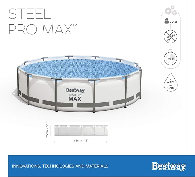 Bestway Steel Pro MAX Frame Pool Set with Filter Pump, Diameter 366 x 76 cm, Light Grey, Round