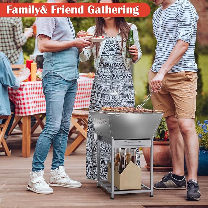 24 Inch Stainless Steel Outdoor Fire Pit with Grill 3-in-1 Wood Burning Fire Pits for Outside Square Firepit with Wood Storage and Ash Pan for Camping Patio Bonfire and BBQ