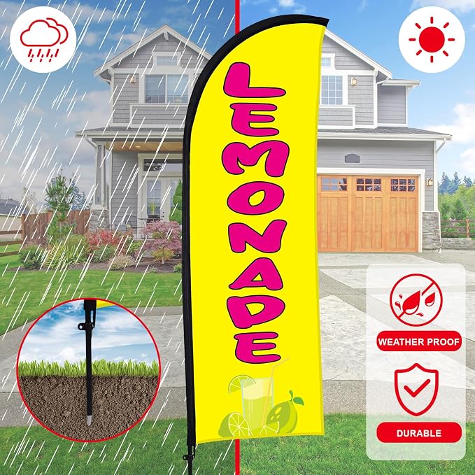 Buryeah Lemonade Feather Flag for Business Advertising 7x5.4ft Feather Flag Sign with Flagpole Ground Stake Portable Bag Lemonade Themed Banner with Rope for Outside Garden Business Party(Yellow)