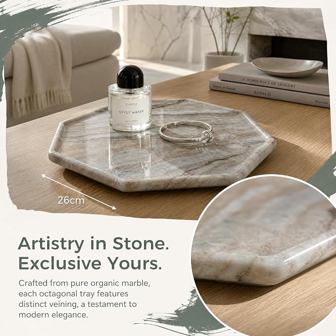 Real Natural Marble Octagon Tray 10.2in Solid Stone Decorative Plate | Luxury Grey Marble Decor Tray for Candle, Jewelry, Plant. Food-Safe Solid Stone Serving Dish with Unique Veining