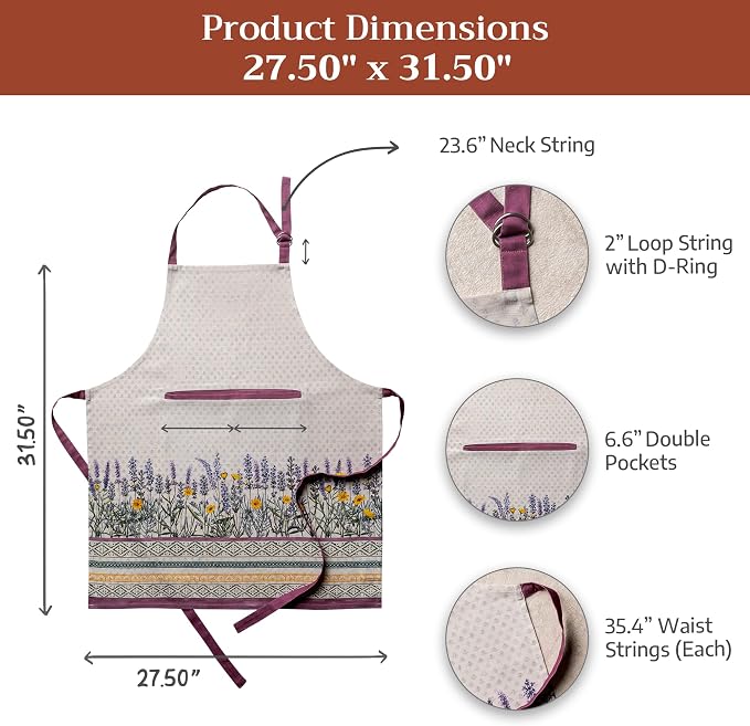 Maison d' Hermine Aprons for women with Pocket 100% Cotton (27.50"x31.50") | Adjustable Neck Strap & long ties Apron Men Chef Wedding Cooking Gardening Server Maid