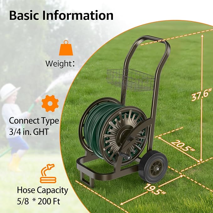 GOFORWILD Heavy Duty Steel Garden Hose Reel Cart with Wheels | Holds 200ft of 5/8 Hose, Storage Basket, Anti-Tip Design, Mobile Water Reel for Lawn, Yard, Garden