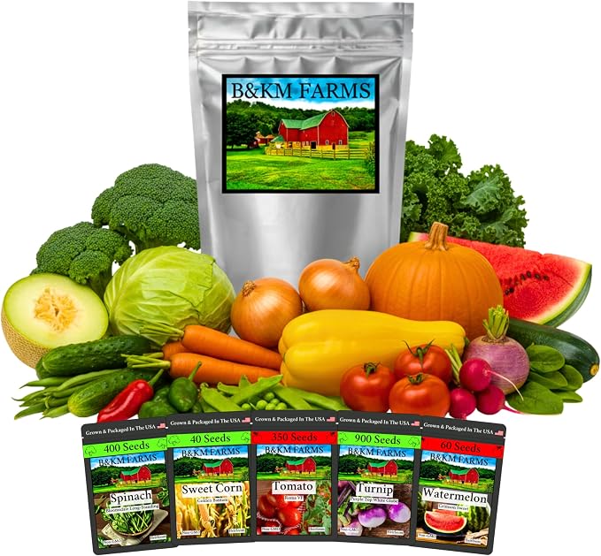 B&KM Farms 30,000+ Survival Seed Kit 5+ Year Supply. 50 Fruit & Vegetable Non-GMO Heirloom Seeds for Planting a Home Garden. (50 Seed Packets: Maximum Variety Package)