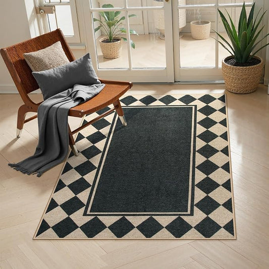 Moynesa Checkered Easy Jute Outdoor Patio Rug 3x5, Washable Indoor Outdoor Rugs for Entryway Non Slip, Farmhouse Carpet for Living Room Bedroom Kitchen Backyard Porches, Black Grid Pattern