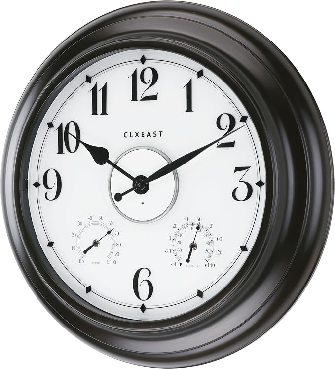 CLXEAST 24 Inch LED Self-Illuminated Outdoor Metal Clocks Waterproof, Large Lighted Outdoor Clock with Temperature and Humidity,Oil Rubbed Bronze Black,Spring Garden Decor