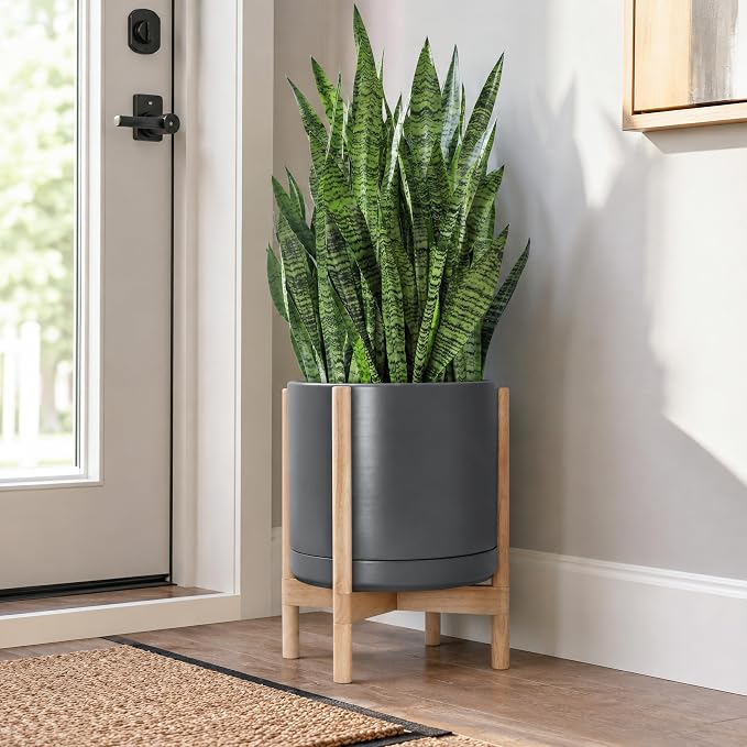D'vine Dev Ceramic Planter with Natural Stand - 14 Inch Modern Round Flower Pot with Wood Planter Holder, Grey, 55-B-R-3