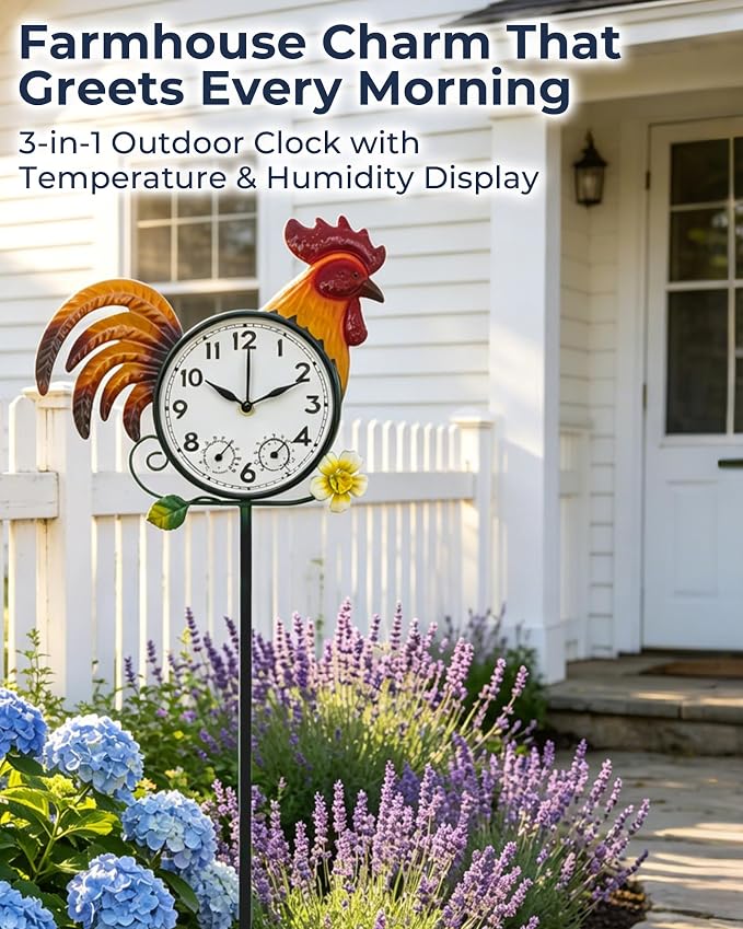 Rooster Outdoor Clock with Thermometer & Hygrometer | 41" Garden Stake or Wall Mount Design Weather-Resistant Metal Easy-to-Read Dial Farmhouse Garden Decor
