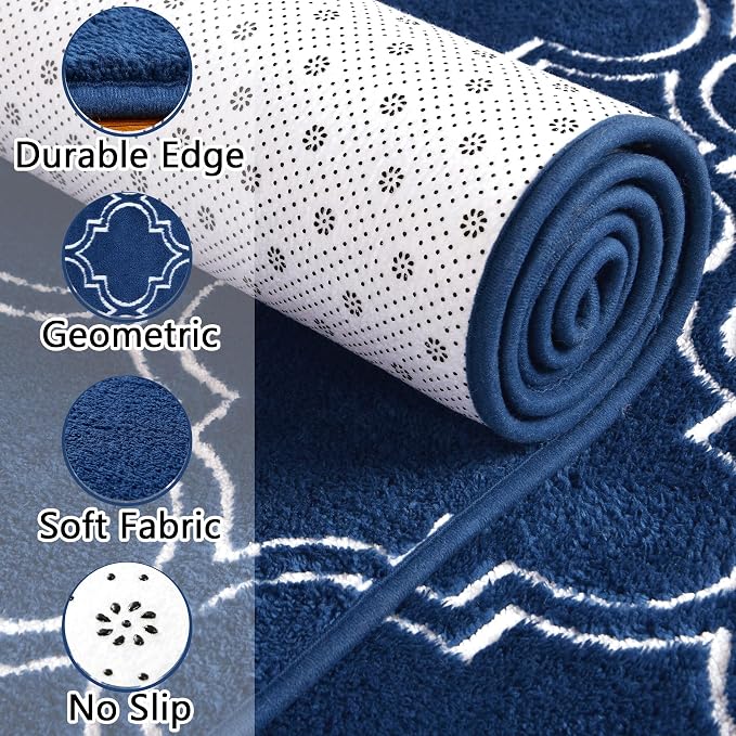 Chicrug 2x6 Shag Geometric Modern Runner Rug for Bedroom Hallway | Memory Foam Indoor Runner Carpet, Fluffy Rug for Living Room Bedside Room for Family, Navy and White