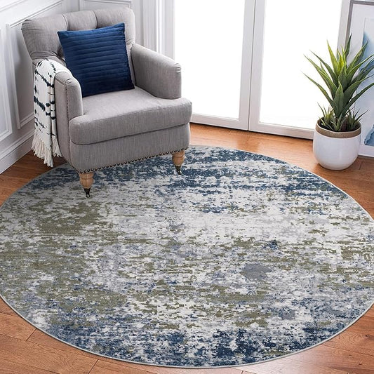 ROYHOME Modern Abstract 8x8 Round Area Rug Non Slip, Navy | Non Shedding Rug Low Pile Stain Resistant for Bedroom Living Room office Dining Room