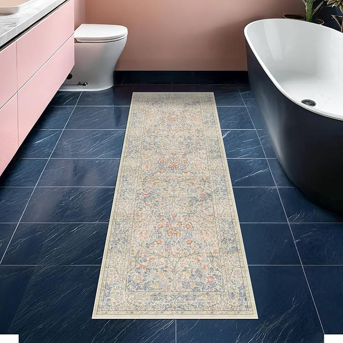 Non Slip Beige Blue Hallway Runner Rug - Long Runner Rugs 2x7 Washable Kitchen Floor Mat, Laundry Room Rug, Bathroom Runner - Vintage Design Décor