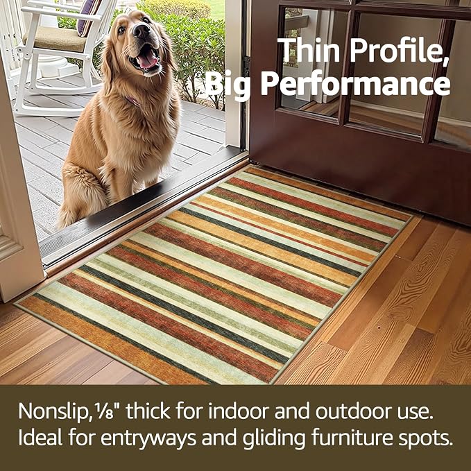 jinchan 5x7 Area Rug Modern Striped Washable Living Room Rug, Caramel Dusk | Non-Slip, Thin, Lightweight, Low Pile, Decor Carpet, Modern, Entrance, Entryway, Bedroom, Kitchen, Dining Room, Home Office