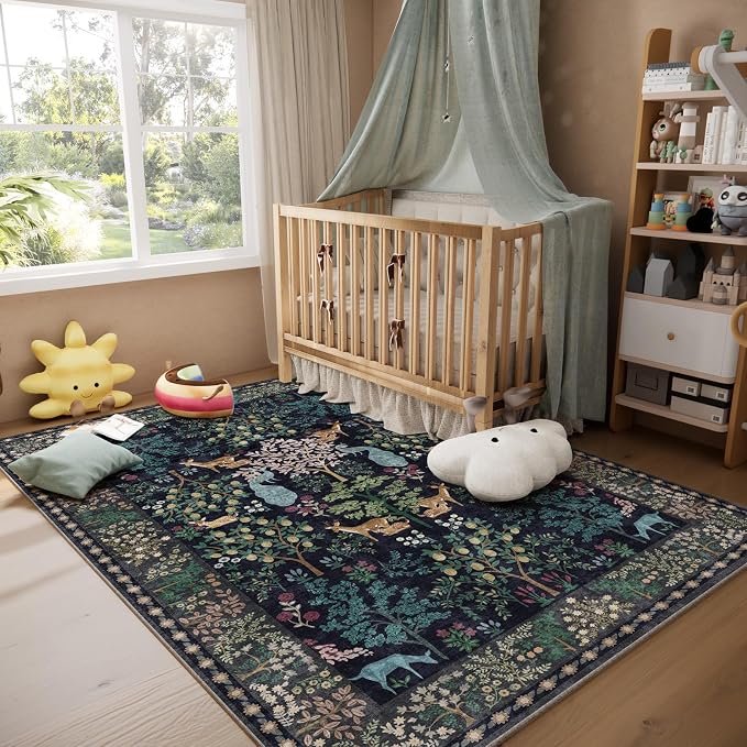 Washable Area Rugs for Living Room: 5x7 Bedroom Rug Vintage Area Rug Stain Resistant Non Slip Low Pile Lightweight Soft Indoor Carpets for Living Room Dining Room Kitchen Nursery Kids Room Farmhouse