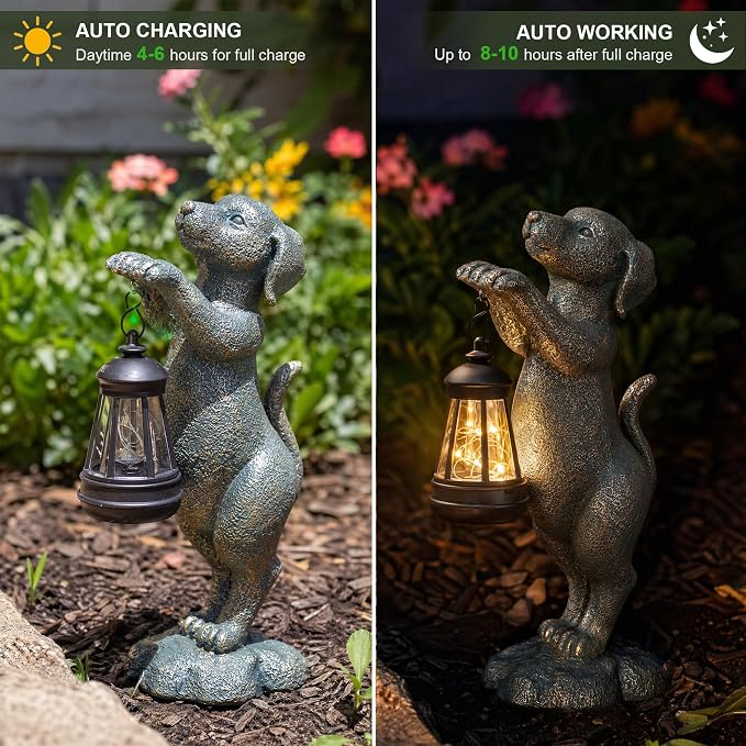 Solar Dog Garden Statue - Puppy Holding Lantern Outdoor Decor, Waterproof Resin Yard Art Figurine with Warm LED Light for Lawn, Patio, Porch & Pathway, Perfect Housewarming Gift for Dog Lovers