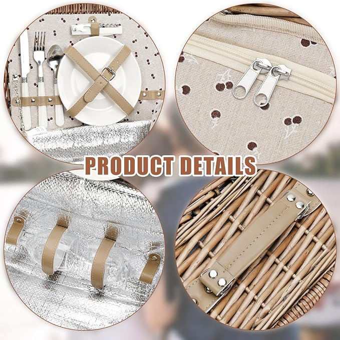 19Pcs Picnic Basket for 2 with Blanket - Wicker Picnic Basket with Strap,Wine Bag | Willow Picnic Set for 2 Person with Insulated Cooler | Wicker Hamper with Cutlery Kit, Beige