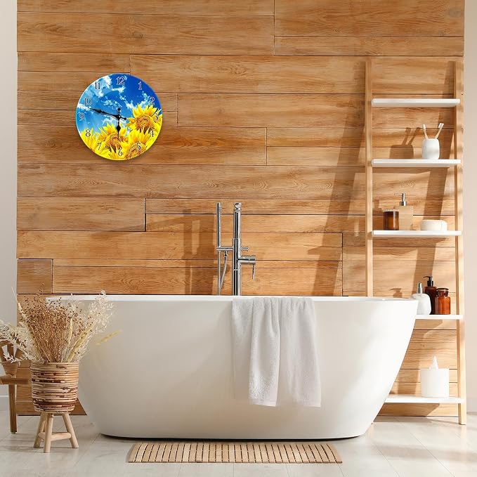 Britimes Round Wall Clock Silent Non-Ticking Battery Operated Glass Outdoor Waterproof Clock 12 Inch, Sunflower Summer Home Decor for Living Room, Kitchen, Bathroom, Bedroom, and Office