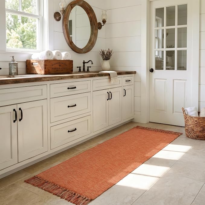 2' x 6' Fall Kitchen Runner Rug, Farmhouse Washable Bathroom Mat | Hand-Woven Hallway Runner Rugs, Reversible Braided Bedroom Carpet for Laundry Room, Entryway, Patio, Terracotta Fall Decor