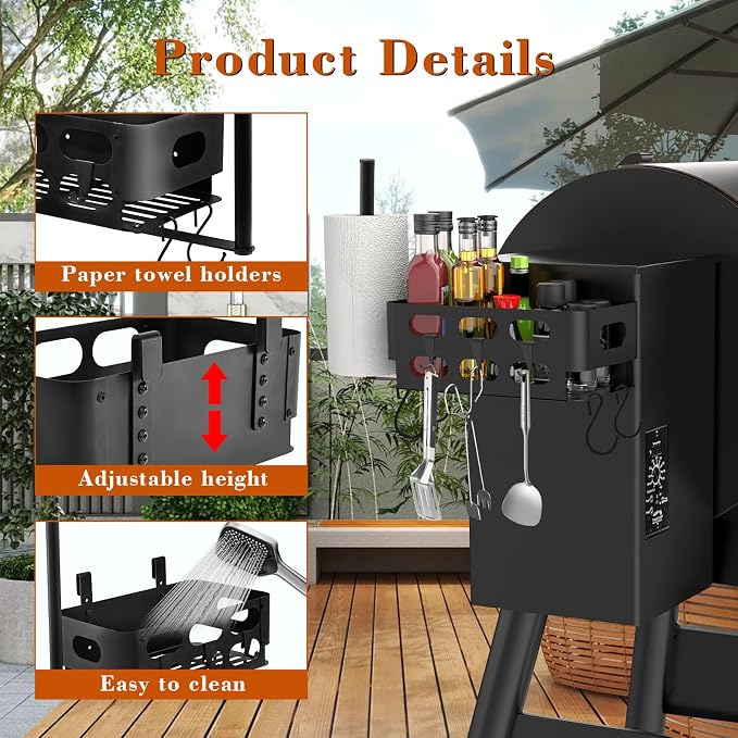 Storage Bin for Traeger Grills,BBQ Basket with Paper Towel Holder,7 Metal Hooks Compatible with Traeger Pro 20/22/34/575/780, Ironwood 650, Z Grills, Pit Boss Pellet Grills Black