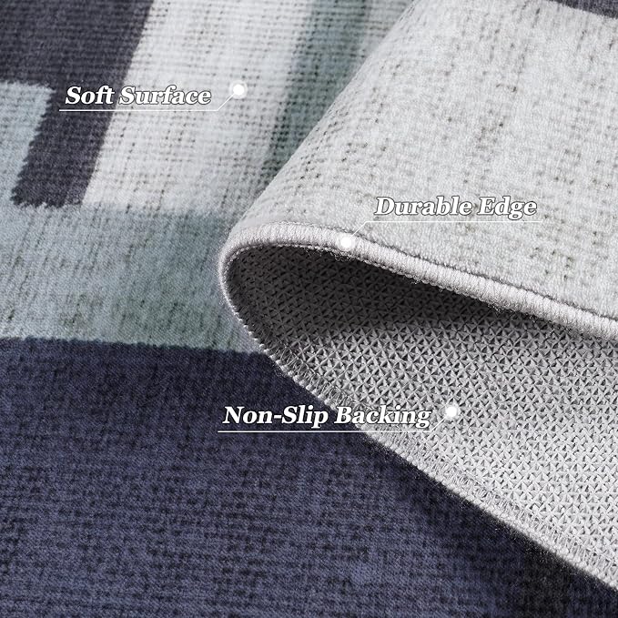 Pionblank Modern Geometric Area Rugs for Bedroom, Slate Blue 4x6 Rug | Blue Grey Patchwork Blocks Indoor Carpet for Living Room Dining Room Office | Soft Low-Pile Floor Rug | Abstract | Non-Slip