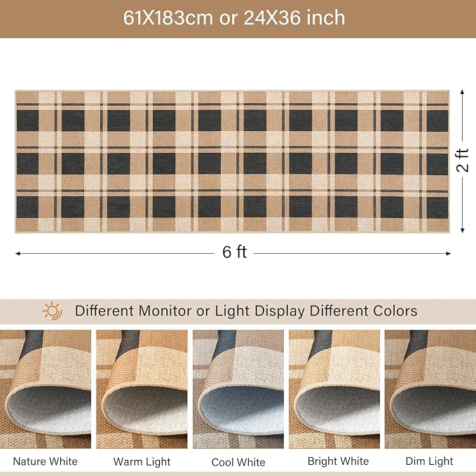 2x6 Checkered Jute Runner Rug for Kitchen Indoor Floor Area Carpet | Washable Jute Area Rug With Non-Slip Backing, Low-Pile Texture, Farmhouse Geometric Pattern In Neutral Brown/Black, Durable