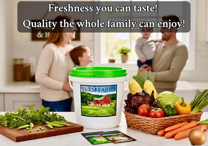 B&KM Farms 20,000+ Survival Seed Kit 5+ Year Supply. 30 Fruit & Vegetable Non-GMO Heirloom Seeds for Planting a Home Garden. Secure Emergency Weather-Proof Bucket
