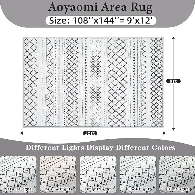 Area Rug for Living Room 9x12: Large Washable Boho Moroccan Rugs Geometric Neutral Rug, Non-Slip Foldable Morden Farmhouse Indoor Floor Carpet for Bedroom Dining Table Home（Black,9'X12'）