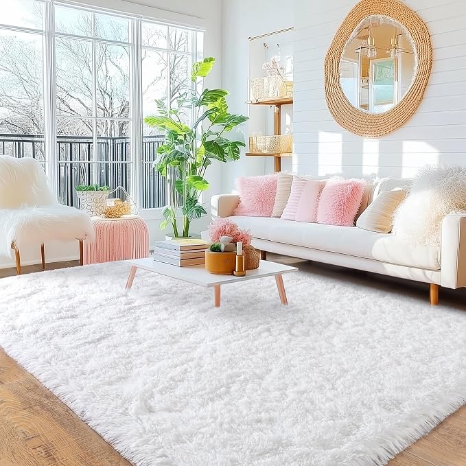 White Rugs for Living Room, Ultra Fluffy Fuzzy Shag 6x9 Area Rug for Bedroom, Modern Plush Soft High Pile Upgrade Non-Slip Carpet for Kids Girls and Boys, Dorms, Nursery, Home Decor Aesthetic
