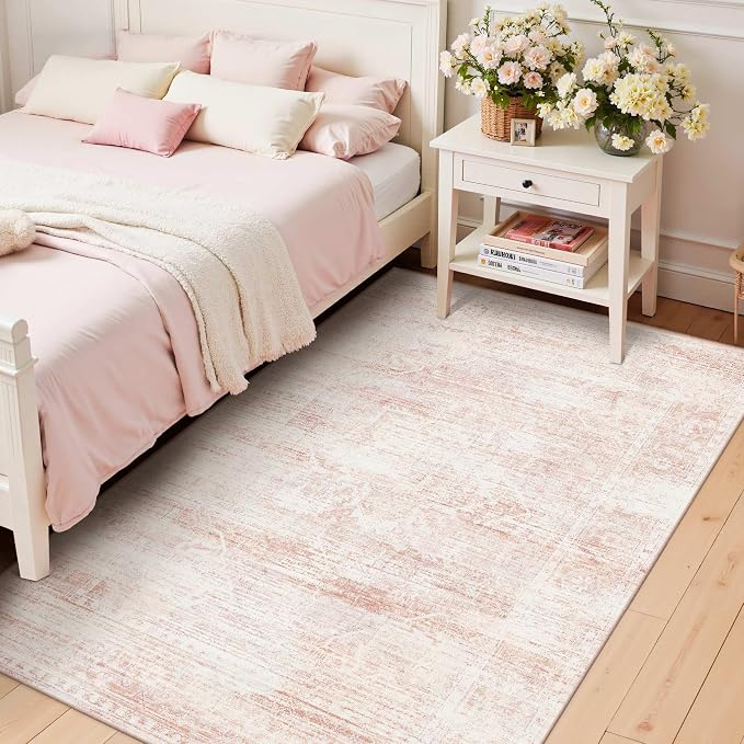 Latte&Fog 3x5 Entryway Pink Area Rugs, Vintage Floral Washable Cute Rugs | for Girls Bedroom Dining Kitchen Kids Playroom Nursery Classroom Dorm Farmhouse Office, Non Slip Low Pile Soft Floral Carpet