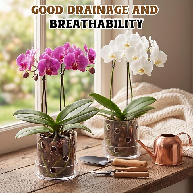 2 Pcs 4 Inch Clear Acrylic Orchid Planter Pot with 360° Round Holes & Tray, Thick Acrylic Vented Planter for Phalaenopsis, Root Airflow, Bottom Watering & Indoor Orchid Repotting
