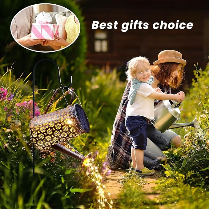 2 Pack Solar Watering Can Lights with Shepherd Hook, 8 Multi-Color Changing Modes, IP65 Waterproof, 60pcs String Lights for Outdoor Garden Pathway Lawn Patio Deck Walkway Courtyard