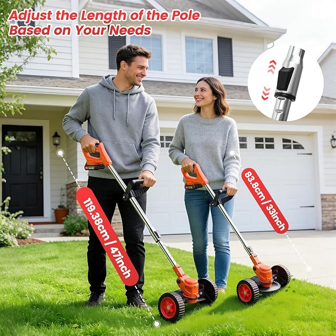 24V 3-in-1 Cordless Weed Wacker, Electric Grass Trimmer Edger Brush Cutter with Wheels, Lightweight Adjustable String Trimmer, 2 Pack 2000mAh Batteries & Fast Charger for Lawn Yard Garden Care, Orange