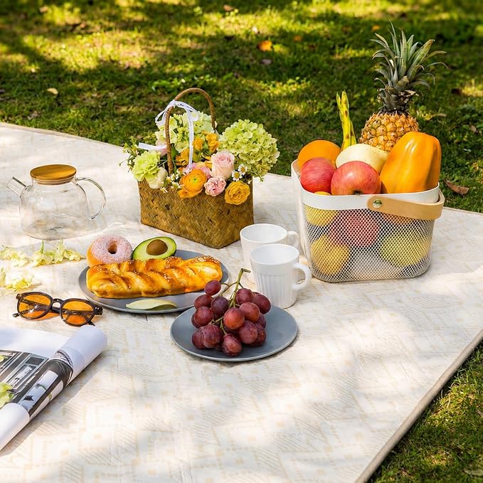 80" x 100" Extra Large Picnic Blankets Beach Mat Sandproof Waterproof Foldable Oxford Blanket Beach Mat Picnic Stuff for Family Camping Hiking Party Park Grass(Yellow and White,Boho)