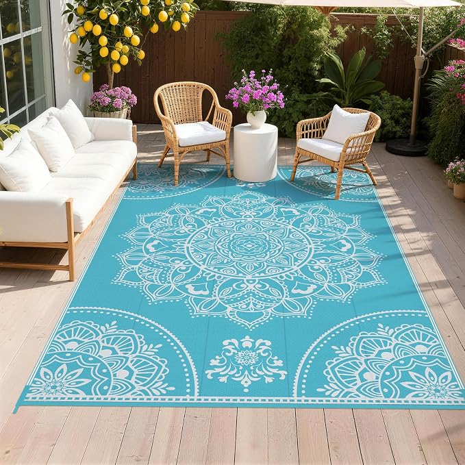 Pauwer Waterproof Outdoor Rug 6x9, Reversible Plastic Straw Patio Camping Rug, Indoor Outdoor RV Mat Carpet for Deck, Camper, Porch, Balcony, Backyard, Picnic, Floral Teal