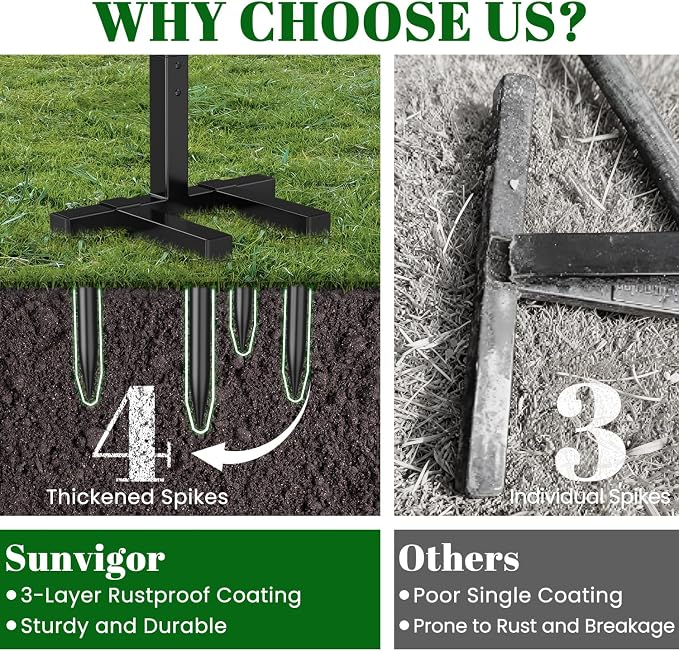 Sunvigor Garden Hose Holder, Heavy Duty Metal Hose Stand with 4 Spikes, Holds Up to 150FT Hose, No Drill Freestanding Hose Reel Alternative for Yard Lawn Outdoor