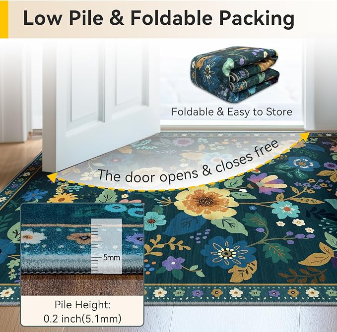 RELEANY Floral Washable 6x9 Area Rugs Teal/Purple | Flower Carpet, Print, Boho, Non-Slip, Easy to Clean, Soft, Low Pile for Living Room Bedroom Kitchen Office Entryway Hallway