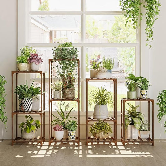 Bamworld Plant Stands Indoor 4 Sets Plant Shelves Outdoor Wooden Plant Holder for Multiple Plants Flower Stands for Living Room Balcony Garden Patio Lawn Window