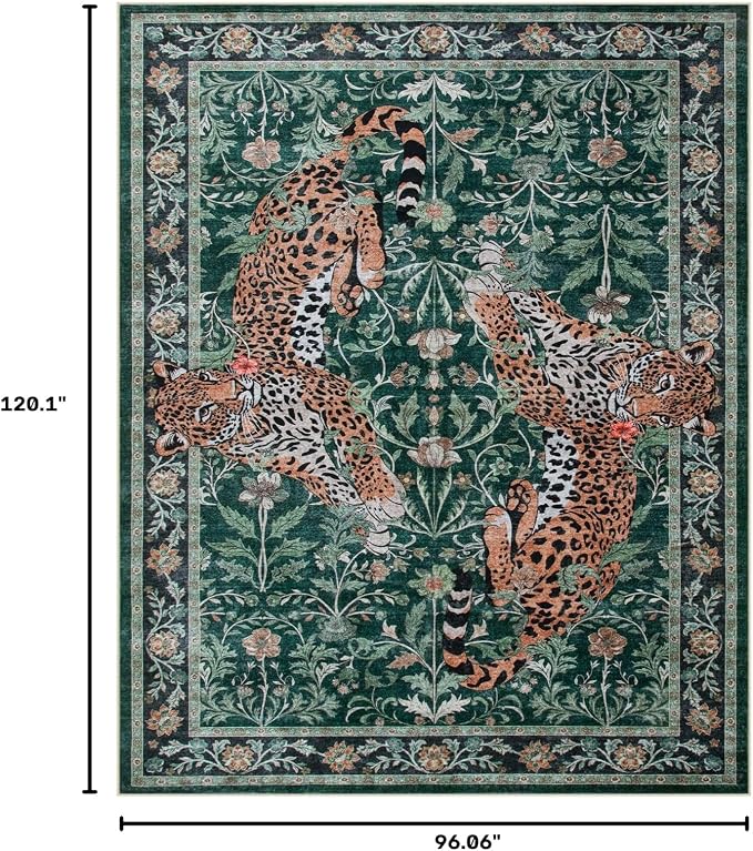 Moynesa Leopard Washable Rugs, 8x10 Area Rugs for Living Room, Soft Large Jaguar 8x10 Bedroom Rug, Non Slip Ultra Thin Floor Carpet for Dining Room Home Office, Green