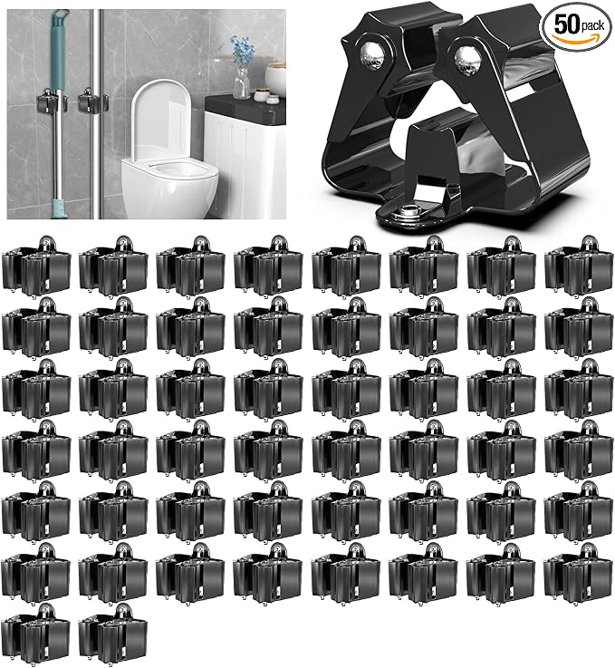 3-H Broom Holder Wall Mount 50 Pack, Heavy Duty Stainless Steel Mop and Broom Organizer Clips, Strong Grip Wall Mount Holders for Garage, Garden, Laundry Room & Utility Closet, Black