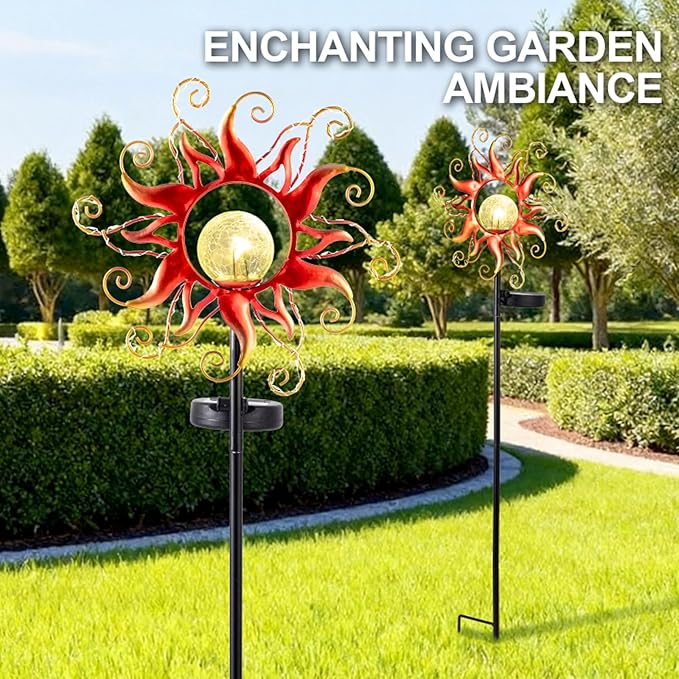 Solar Lights Outdoor Waterproof Red Sun Metal Crackle Glass Stake Decorative for Outside,Yard,Lawn,Patio,Walkway Mothers'Day Gifts Mom Grandma Garden Lover