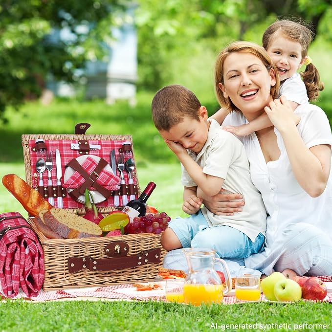 Picnic Baskets Wicker Willow Picnic Set for 4 Persons with Insulated Cooler Bag and Waterproof Pink Plaid Picnic Blanket Gift for Christmas Thanksgiving Wedding Birthday Camp Outdoor Beach Travel