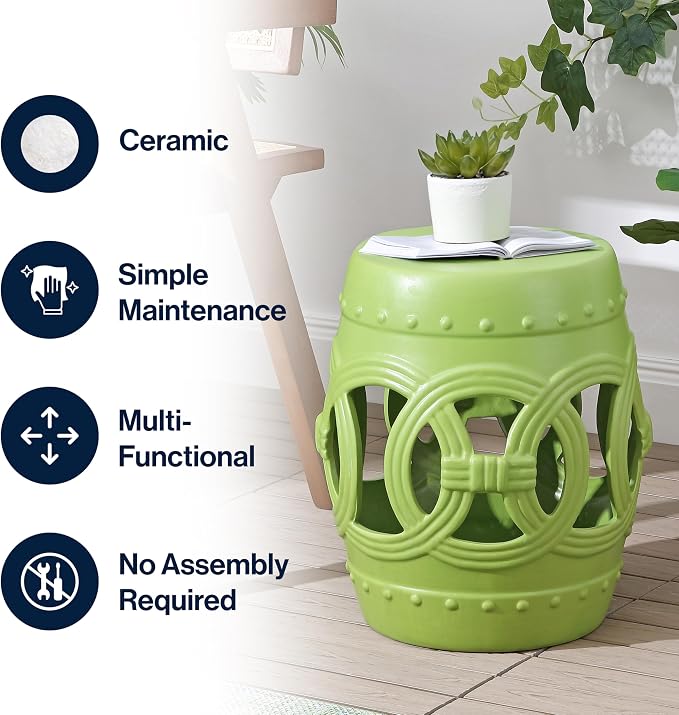 JONATHAN Y Lucky Coins 16" Ceramic Garden Stool, Contemporary Matte Green Cutout Interlocking Rings Drum Indoor/Outdoor Side Table and Plant Stand for Patio, Garden, Living Room TBL1022H