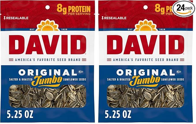 DAVID SEEDS Roasted and Salted Original Jumbo Sunflower Seeds,Keto Friendly,5.25 Oz,(Pack of 24)