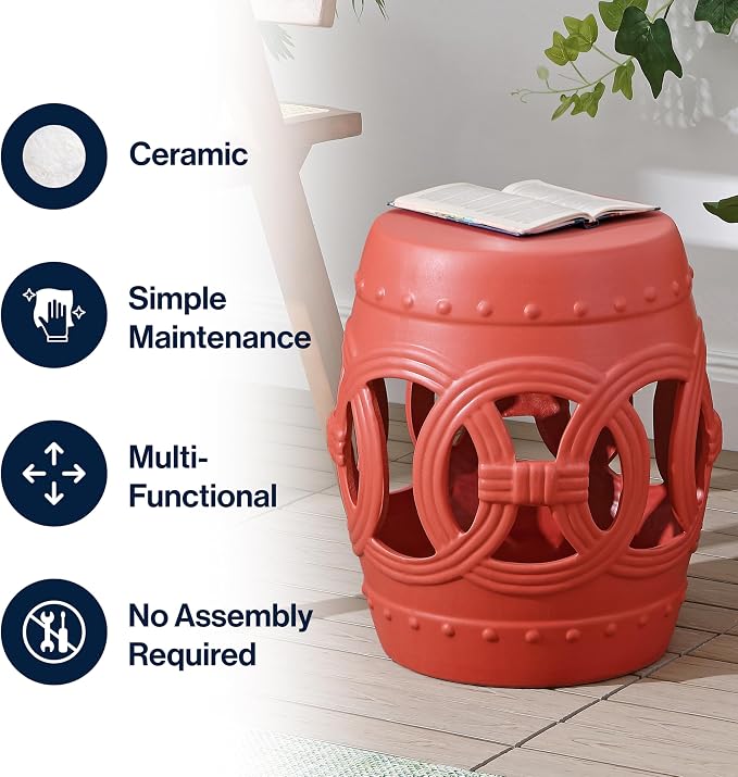 JONATHAN Y Lucky Coins 16" Ceramic Garden Stool, Contemporary Matte Coral Cutout Interlocking Rings Drum Indoor/Outdoor Side Table and Plant Stand for Patio, Garden, Living Room TBL1022G