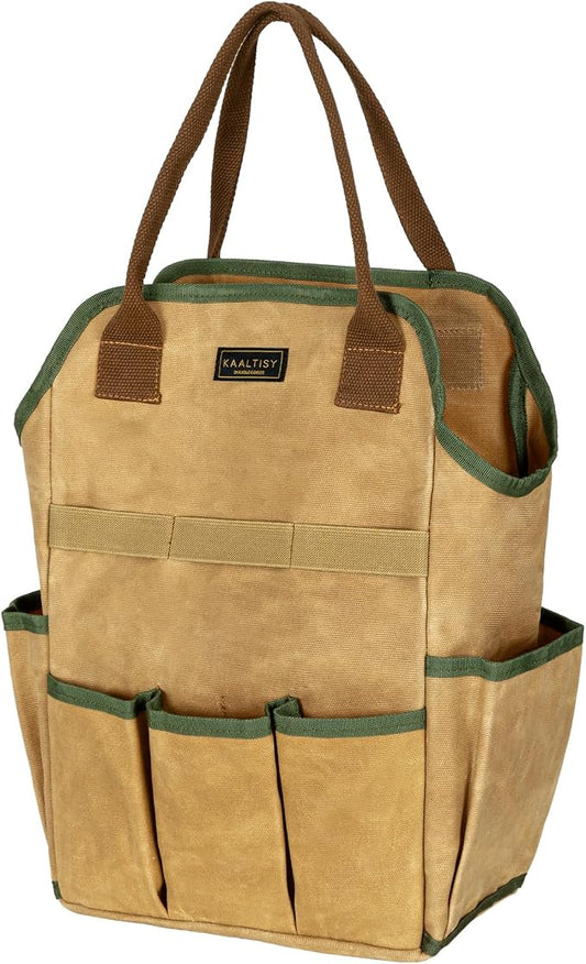 Canvas Tool Bag, 16OZ Waxed Canvas Garden Tool Tote - with 3 Inner Slots & 8 Outer Pockets & Portable Handle, Gardening Tool Storage Bag for Gardener Florist Workshop - Khaki