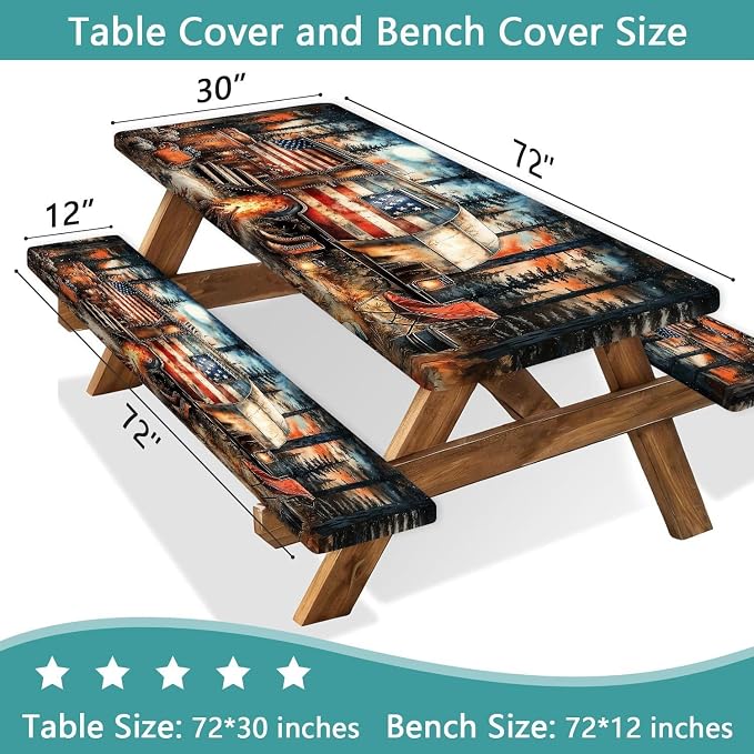American Flag Picnic Table Cover with Table Cover, Elastic Tablecloth for Outdoor Picnic Tables, RV Camping Forest Design, Tablecloth for Camping, Barbecue and Terrace Dining, 30x96 Inch