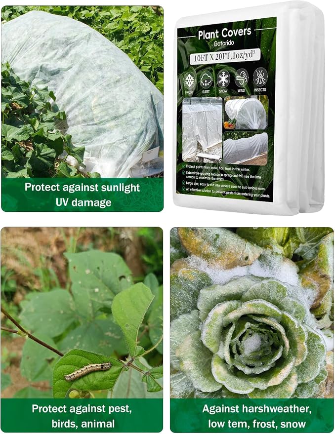 Plant Covers Freeze Protection, 10 ft x 20 ft 1.0 oz/yd² Reusable Frost Protection Floating Row Cover, Frost Blankets for Plants, Frost Cloth for Cold Weather Snow, Winter Frost Pests Protection