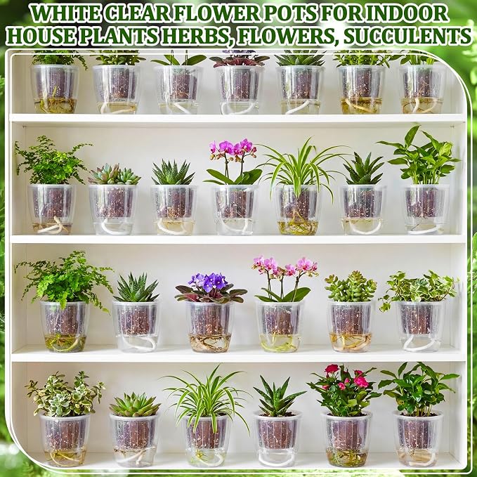 36pcs Self Watering Pots 4.3 Inch Plastic Flower Plant Pot with Inner Pot Self Watering Wick Planter White Clear Flower Pots for Indoor House Plants Herbs, Flowers, Succulents (Transparent)